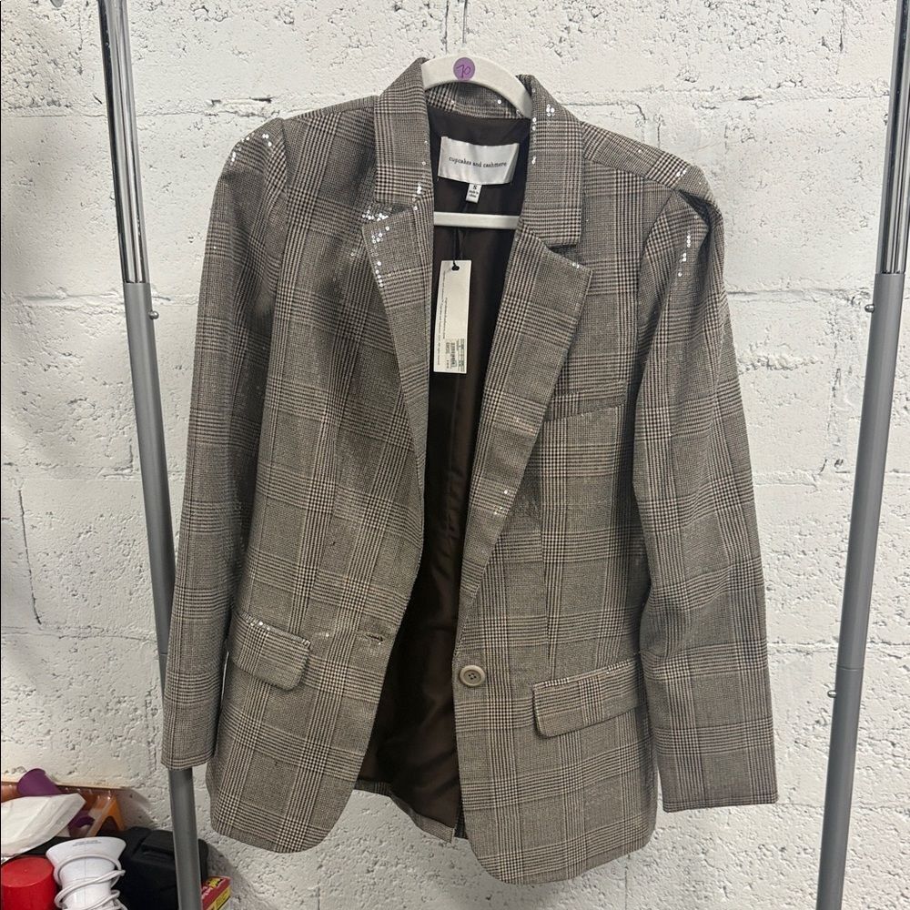 cupcakes & cashmere Brown Plaid Sequin Blazer - NWT Size Small